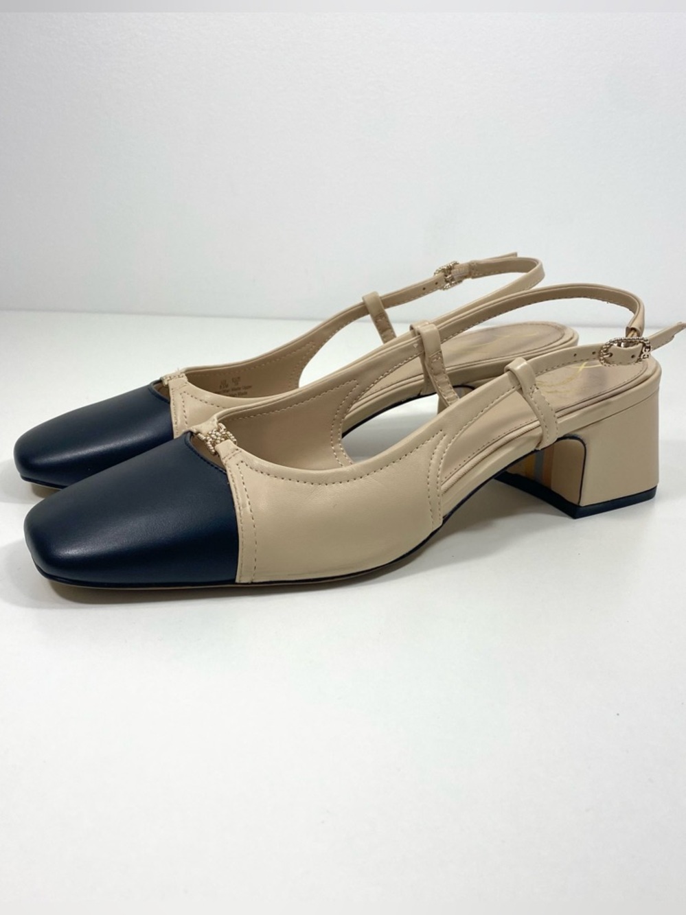 Sam Edelman Tarra 2 Sand Leather Classic Slingback Pumps Heels Black Cap Toe 8.5